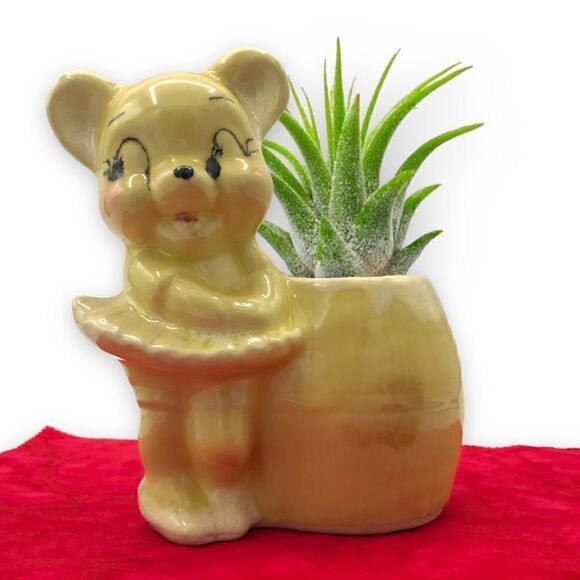 Hand Painted Black Eye Ballerina Bear by a Barrel Glazed Ceramic Planter - Picture 2 of 16